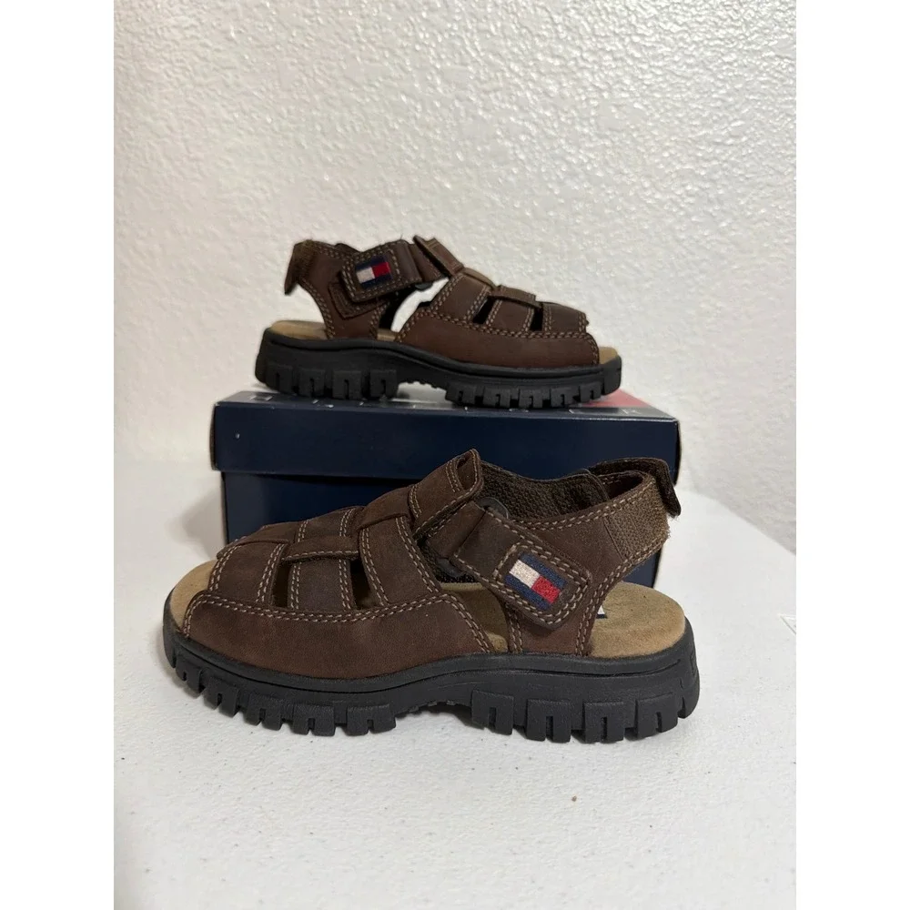 Tommy Hilfiger Boys Brown Fisherman Sandals Lug Sole Flag Logo Size 12M
